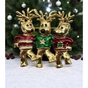 Dancing Reindeer Trio Christmas Brooch Gold Tone Pin Red Green Enamel Sweaters